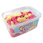 A wholesale tub of pink and white, strawberry and cream flavour sweets shaped like mice.