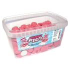 A wholesale tub of pink pig strawberry flavour chocolate sweets