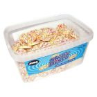 A wholesale tub of white chocolate sweets with a sprinkle topping