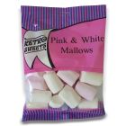 A full case of wholesale sweets, pink and white marshmallow prepacked sweets bags