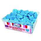 A wholesale sweets tub containing blue raspberry flavour, heart shaped sweets that turn your mouth blue!