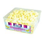 A wholesale tub of banana flavour foam shrimps shaped like bananas