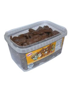 A wholesale tub of chocolate flavour sweets shaped like tools