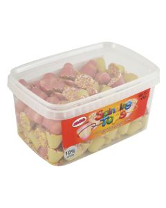 A wholesale tub of strawberry and cream flavour chocolate sweets in the shape of spinning tops with a sprinkle topping