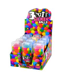 A full case of Wholesale sweets - Brain Licker Balls sour rolling candy tubs