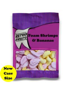 A full case of wholesale bagged sweets, Foam Shrimps and Bananas prepacked sweets bags