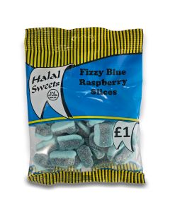 A full case of wholesale sweets, Halal Fizzy Blue Raspberry Slices prepacked sweets bags