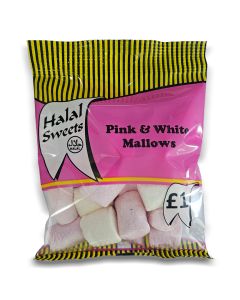 A full case of wholesale sweets, Halal Pink and White Marshmallows prepacked sweets bags