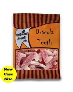 Wholesale Sweets - Spooky Halloween sweets in our Halloween themed bags, fruit flavour fizzy gummy sweets shaped like dracula fangs!