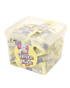 A wholesale tub of Hannahs white chocolate mice shaped sweets