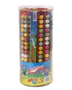 A wholesale sweets jar of fruity bubblegum balls in strips of 16 balls.