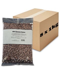 A full case of 8 bags of Milk Chocolate Raisins 1kg bulk sweets