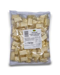 Wholesale Sweets - A bulk 1kg bag of individually wrapped pieces of Nougat with peanuts and fruit.