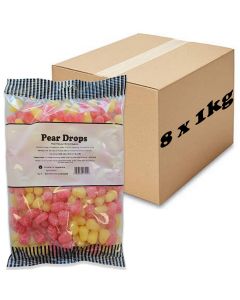 A full case of 8 bags of pear drops 1kg bulk sweets