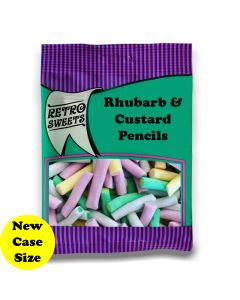 A full case of wholesale bagged sweets, Rhubarb and Custard Pencils prepacked sweets bags