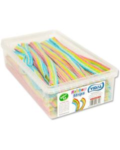 A wholesale tub of sour rainbow coloured belts