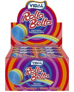 A wholesale case of fizzy rainbow sweets shaped like rolled up belts