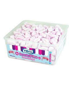 A wholesale tub of Vidal raspberry flavour foam sweets in  the shape of shrimps