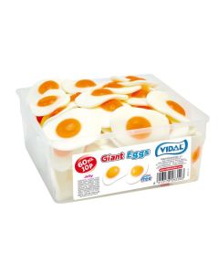 A wholesale tub of of gummy fried egg sweets