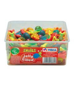 A wholesale tub of jelly sweets shaped like snails with a gooey centre