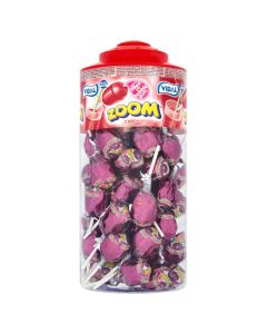 A wholesale jar of cola flavour lollipops with a bubblegum centre