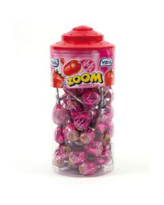 A wholesale jar full of Vidal strawbery lollipops with a bubblegum centre
