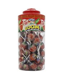 A wholesale jar of watermelon flavour lollipops with a bubblegum centre