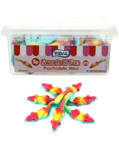 A wholesale tub of gummy sweets shaped like mice in physchodelic colours!