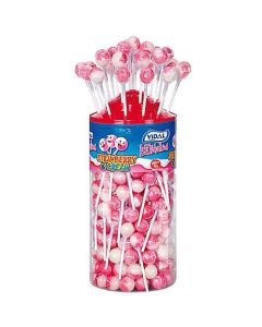 A wholesale jar full of Vidal strawberry and Cream flavour lollipops